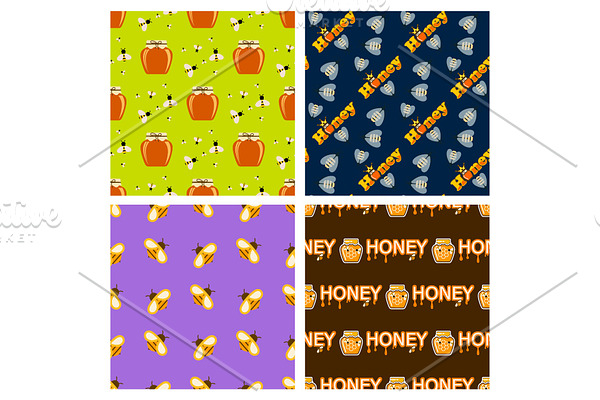 Honey jar food glass healthy delicious natural seamless pattern background organic ingredient yellow sweet vector illustration.