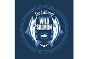 Salmon fish. Vintage Salmon Fishing emblems, labels and design elements. Vector illustration on blue.