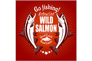 Salmon fish. Vintage Salmon Fishing emblems, labels and design elements. Vector illustration on red.