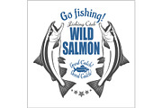 Salmon fish. Vintage Salmon Fishing emblems, labels and design elements. Vector illustration on white.