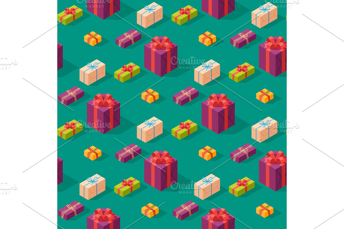 Gift boxes pack composition event greeting isometric birthday seamless pattern background vector illustration. in Textures - product preview 8
