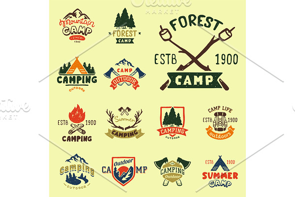 Set of vintage woods camp badges and travel logo hand drawn emblems nature mountain camp outdoor vector illustration.