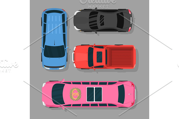 Top view colorful car toys pickup automobile transport wheel transportation design auto vector illustration.