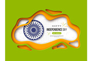 Indian Independence day holiday background. Paper cut shapes with shadow, 3d wheel and halftone effect in traditional tricolor of indian flag. Greeting text, vector illustration.