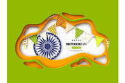 Indian Independence day holiday background. Paper cut shapes with shadow, bunting flags, 3d wheel and halftone effect in traditional tricolor of indian flag, vector illustration.