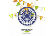 Indian Independence day holiday background. Bunting flags in traditional tricolor of indian flag, 3d wheel with shadow, dotted pattern, vector illustration.