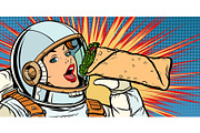 Hungry woman astronaut eating kebab Doner Shawarma