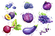 Set of purple foods, watercolor