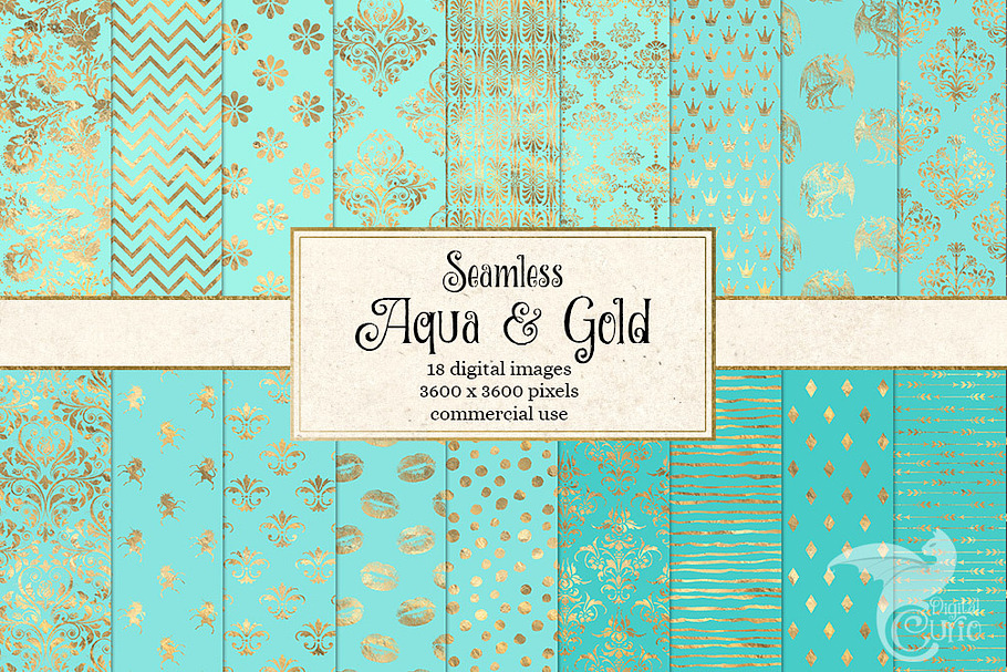 Aqua and Gold Digital Paper in Patterns - product preview 8