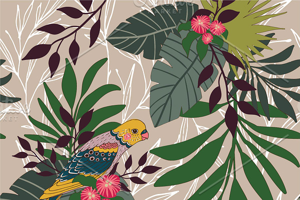 parrot in leaves seamless pattern