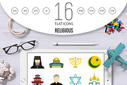 Religious symbol icons set, flat sty