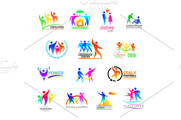 Abstract people icon vector person sign on logo of teamwork in business company or fitness logotype with sportsman winner and silhouette of lovely family illustration set isolated on white background