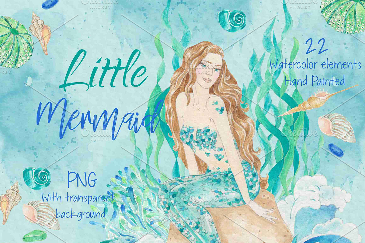Watercolor clip art Mermaid in Card Templates - product preview 8