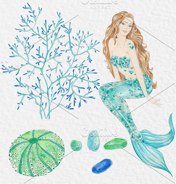 Watercolor clip art Mermaid in Card Templates - product preview 1
