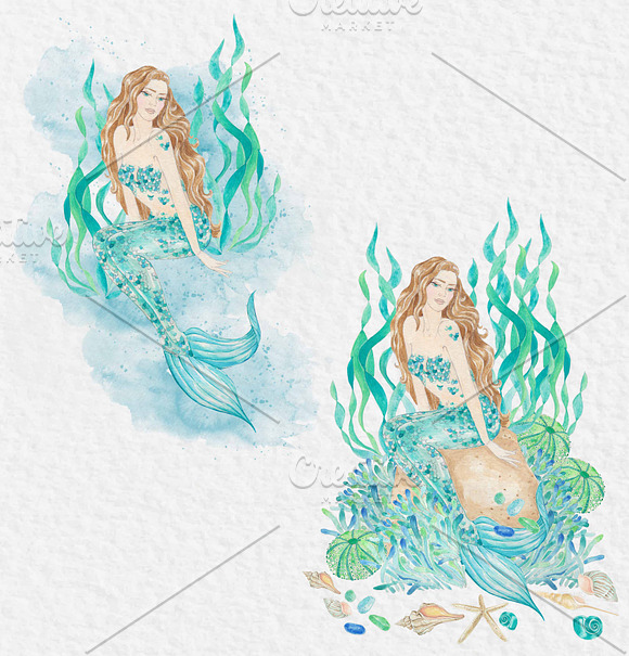Watercolor clip art Mermaid in Card Templates - product preview 3