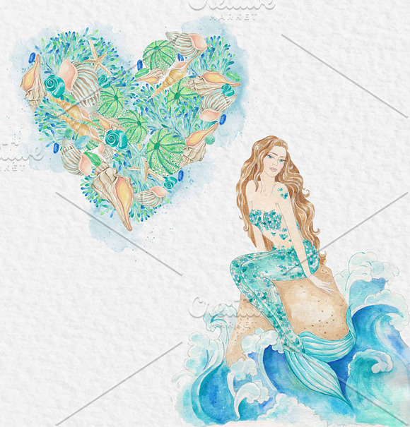 Watercolor clip art Mermaid in Card Templates - product preview 4