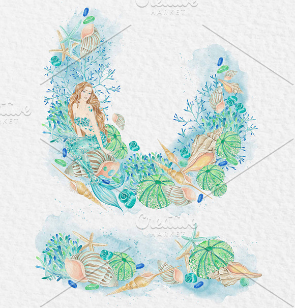 Watercolor clip art Mermaid in Card Templates - product preview 5