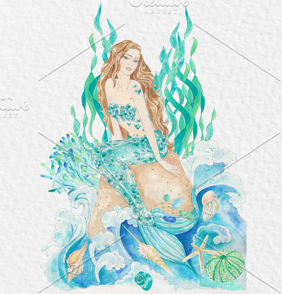 Watercolor clip art Mermaid in Card Templates - product preview 6