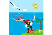 Pirate treasure vector adventure sea nautical symbols nautical character captain sailor with sword jewelry piratic background illustration.