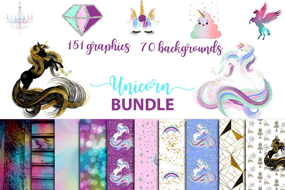 Unicorn BUNDLE graphics + background in Illustrations - product preview 8