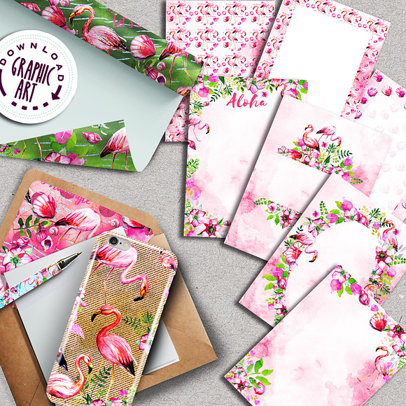 Flamingo Digital Pattern Paper Set  in Illustrations - product preview 4