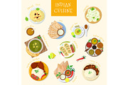 Indian food vector India cuisine and asian dishes masala with spicy rice and tandoori chicken illustration set of asia meal naan in bowl isolated on white background