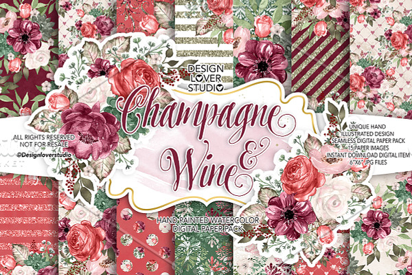 Champagne an Wine digital paper pack