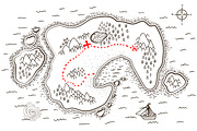 Pirate map with red path to treasure
