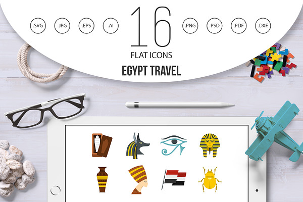 Egypt travel items icons set in flat