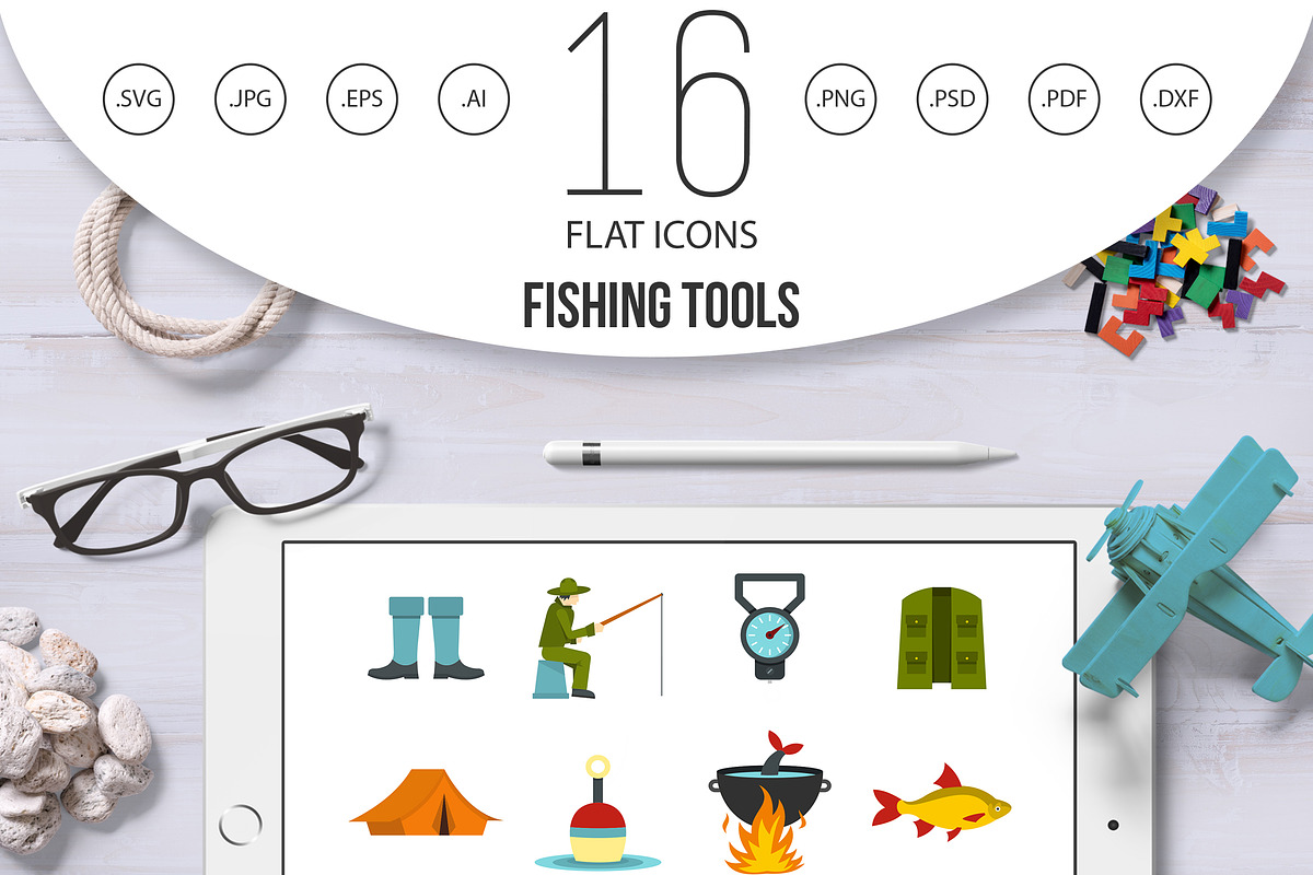 Fishing tools set flat icons in Graphics - product preview 8