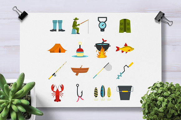 Fishing tools set flat icons in Graphics - product preview 1
