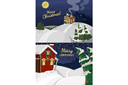 Winter landscape with christmas houses firtree mountain frozen nature wallpaper beautiful natural vector illustration.
