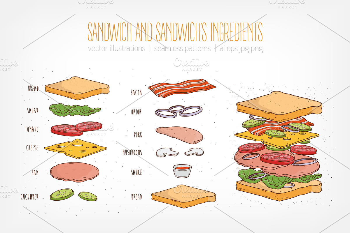 Sandwiches, sandwich's ingredients in Illustrations - product preview 8