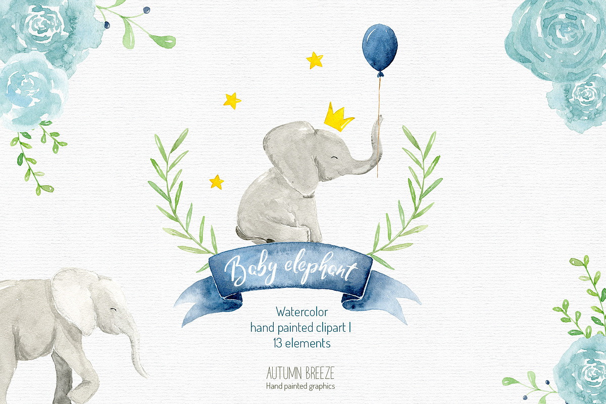 watercolor baby elephant clipart in Illustrations - product preview 8
