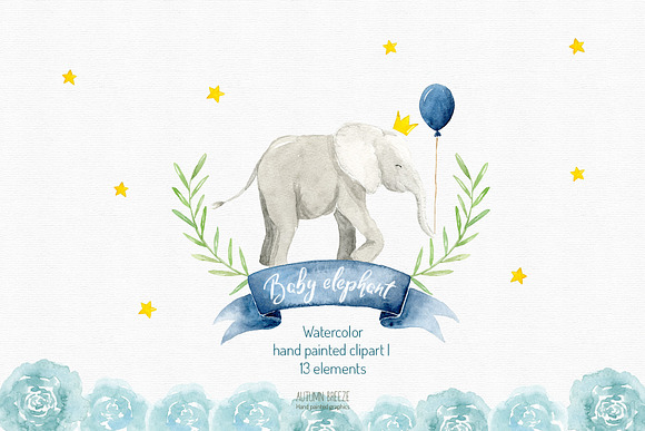 watercolor baby elephant clipart in Illustrations - product preview 1