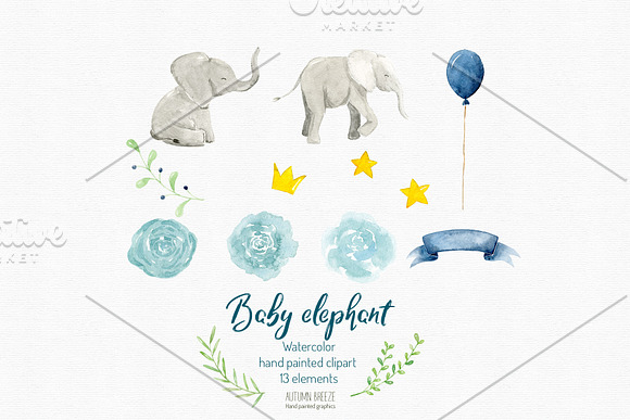 watercolor baby elephant clipart in Illustrations - product preview 2