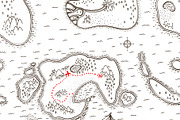 Ancient pirate map with red path