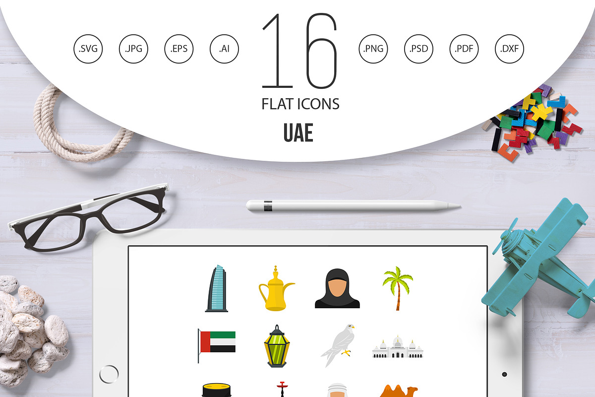 UAE travel set flat icons in Graphics - product preview 8