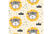 Kids drawing art with cute lion for textile or fabric.Scandinavian pattern.