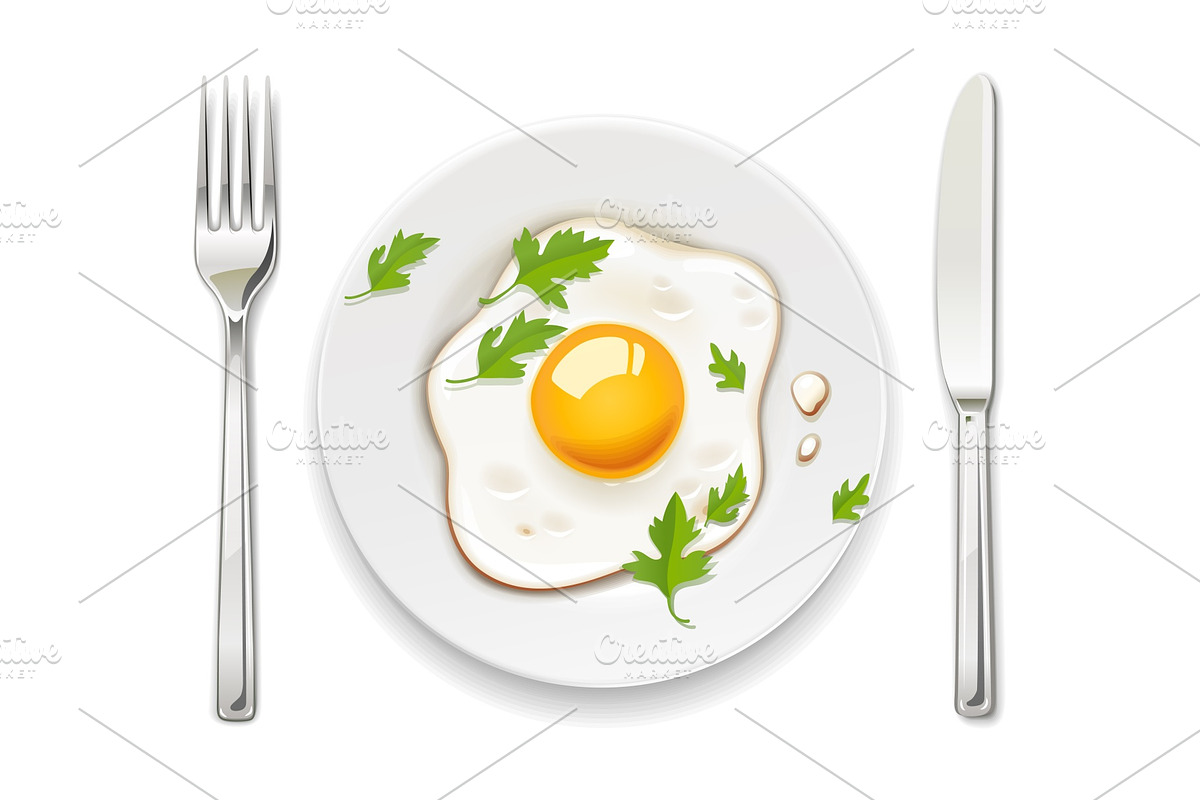Scrambled eggs. Plate, fork and knife. in Illustrations - product preview 8