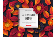 Autumn sale banner with 3d leaves