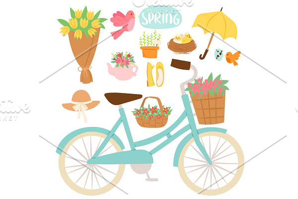 Spring natural floral blossom gardening tools beauty design and nature grass season branch springtime hand drawn elements vector illustration.