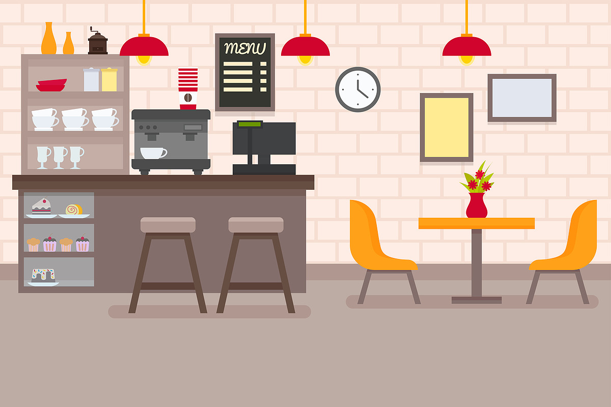 Vector flat cafe interior in Illustrations - product preview 8