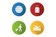 Airport service flat design long shadow glyph icons set