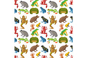 Frog vector cartoon tropical wildlife animal green froggy nature funny illustration toxic toad amphibian seamless pattern background.