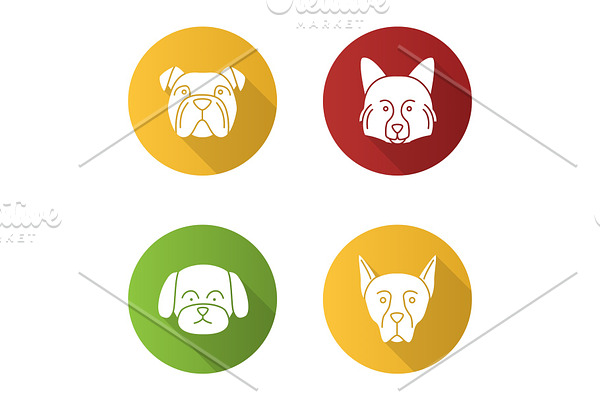 Dogs breeds flat design long shadow glyph icons set