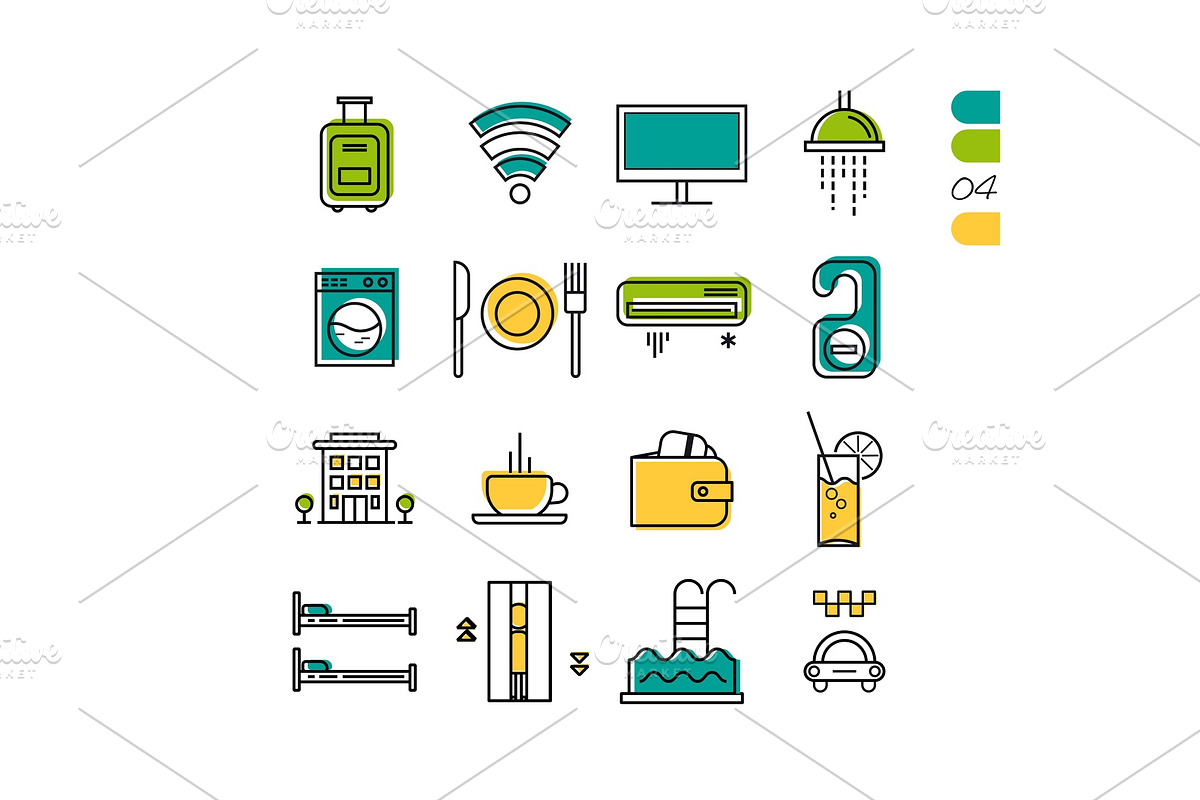 Set linear hotel service colored icons in Illustrations - product preview 8