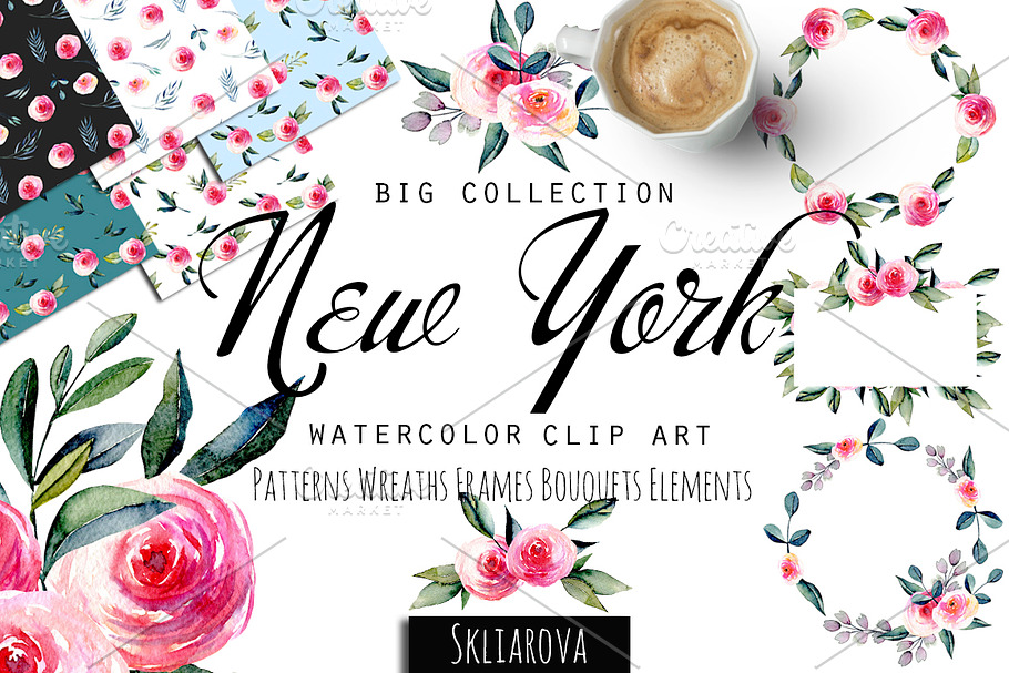 "New York". Roses watercolor clipart