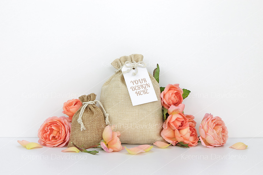 Bags with a tag mockup, orange roses in Product Mockups - product preview 8