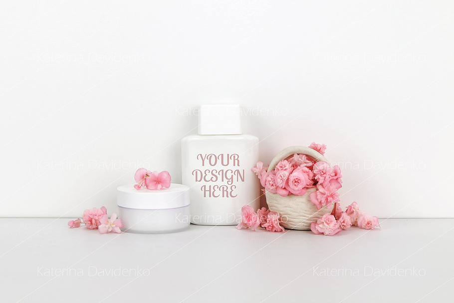 Cosmetics mockup with pink flowers in Product Mockups - product preview 8